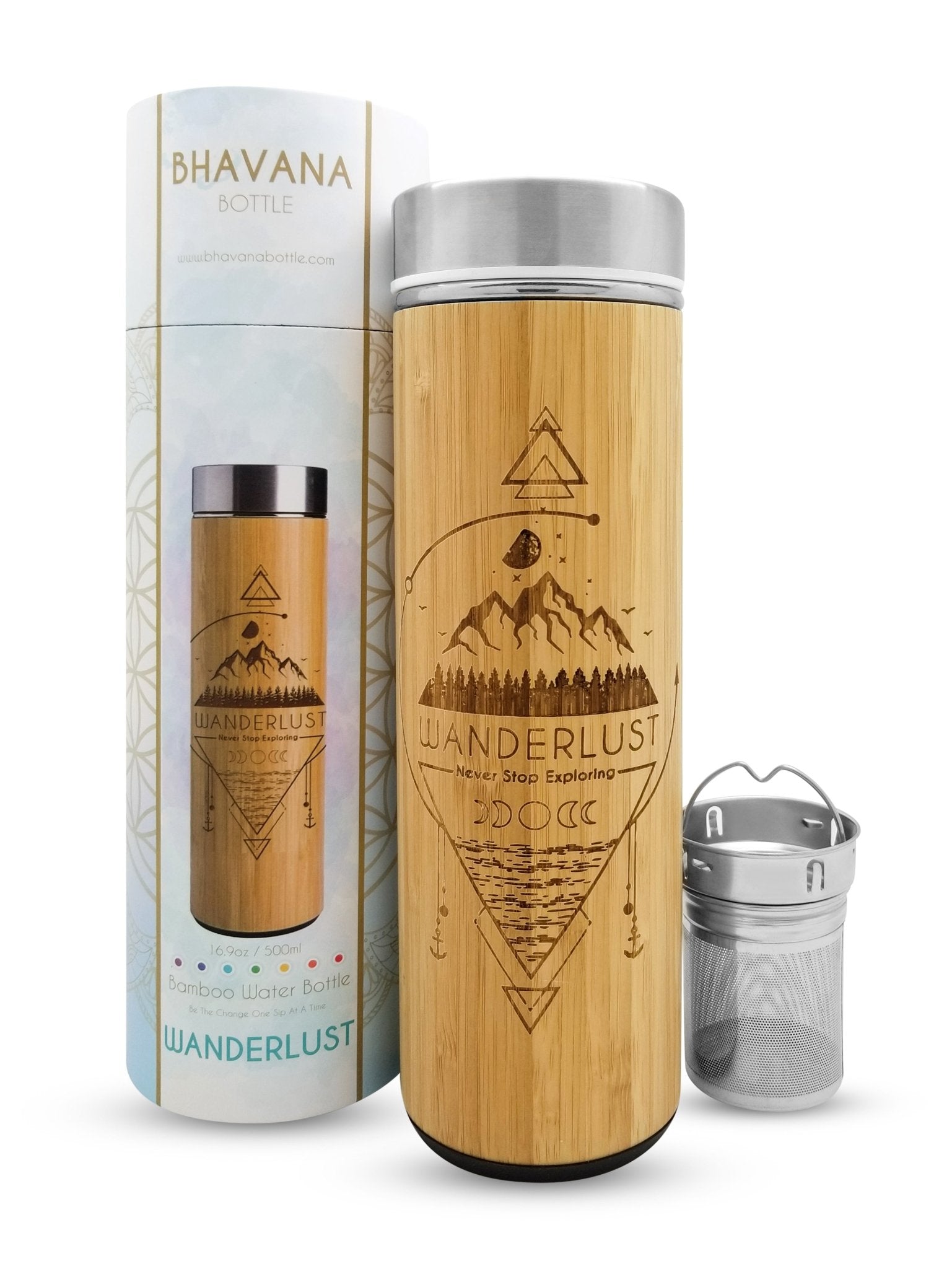 17.9oz WANDERLUST Premium Insulated Bamboo Water Bottle - Kind Designs