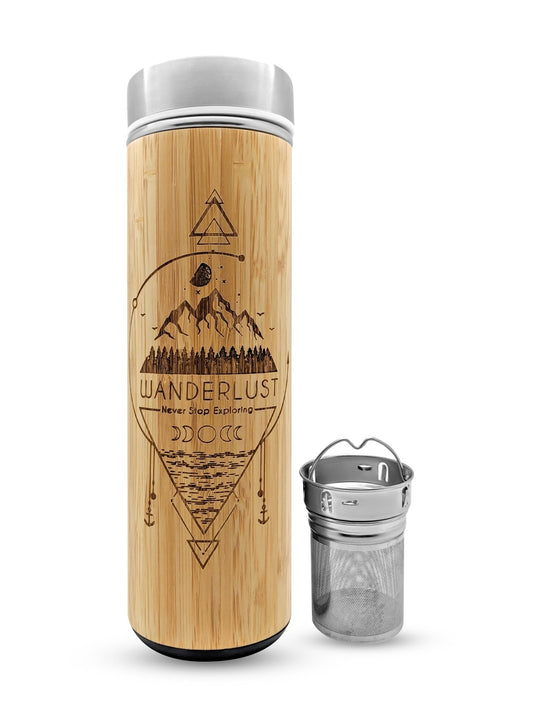 17.9oz WANDERLUST Premium Insulated Bamboo Water Bottle - Kind Designs