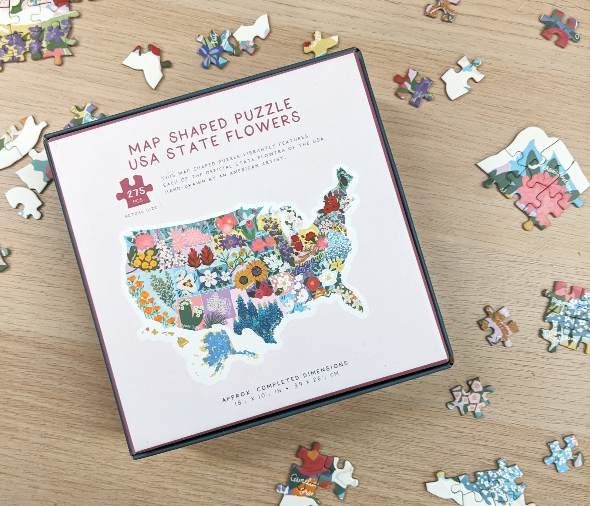 Map Shaped US State Flowers Jigsaw Puzzle (275 pc) - Kind Designs